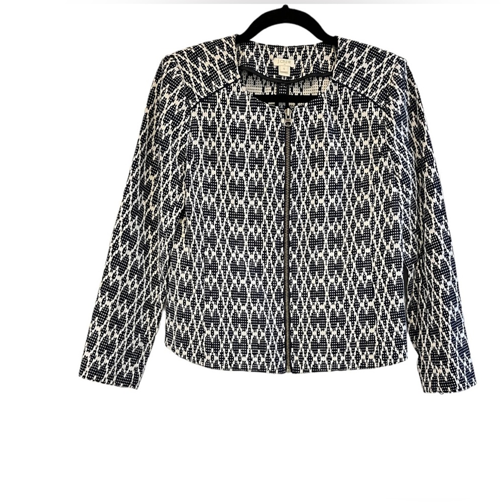 J. Crew Women's Small Navy Blue Jacquard Aztec Zip Up Blazer Moto Jacket NWOT